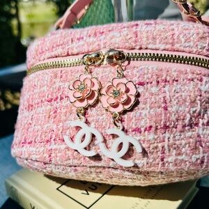 Pink Tweed Mini Crossbody Bag with Camellia & Fashion Charms